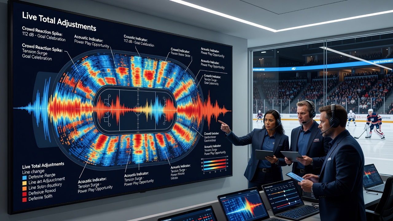 Real-time acoustic data visualization displayed on arena operations monitors showing crowd reaction zones
