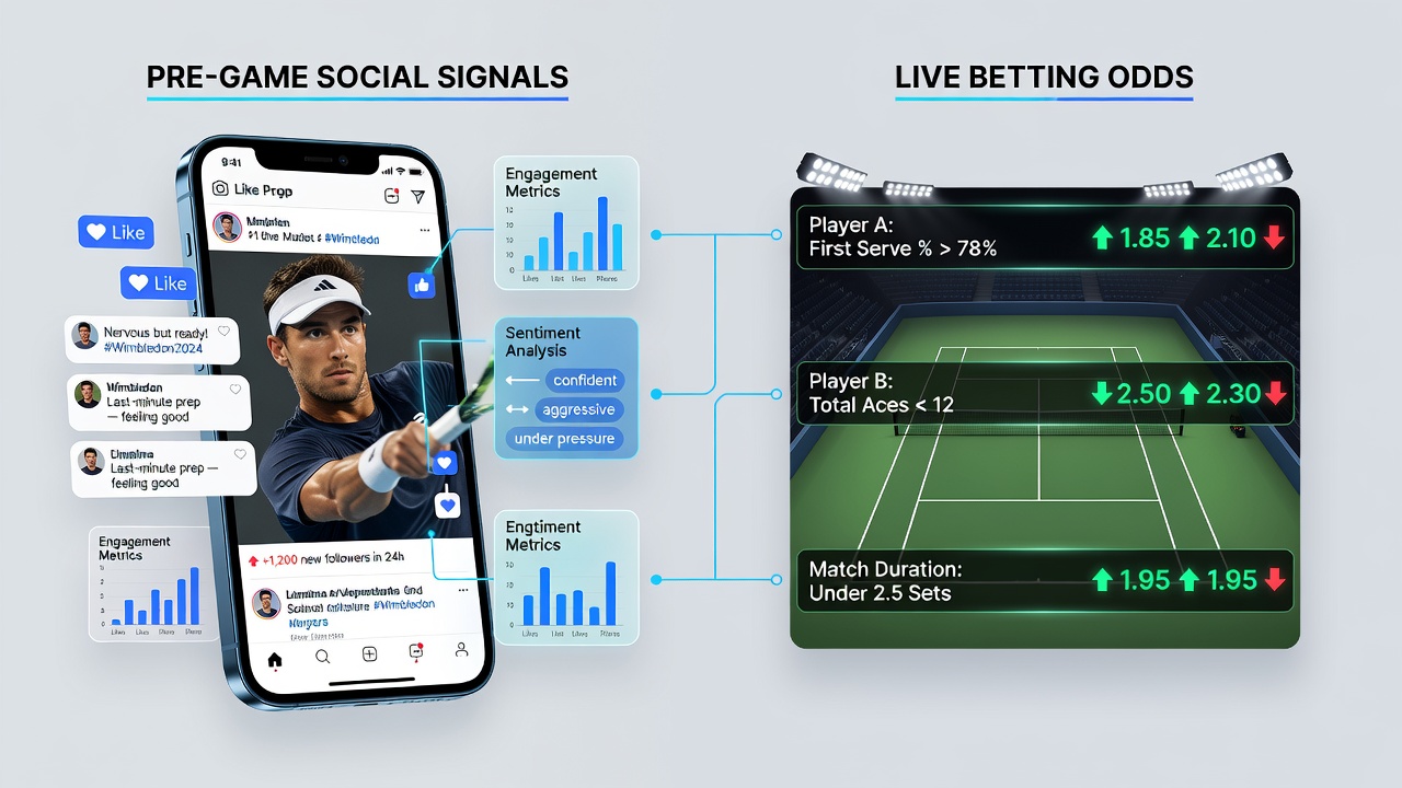 Tennis player checking smartphone before match with betting odds overlay
