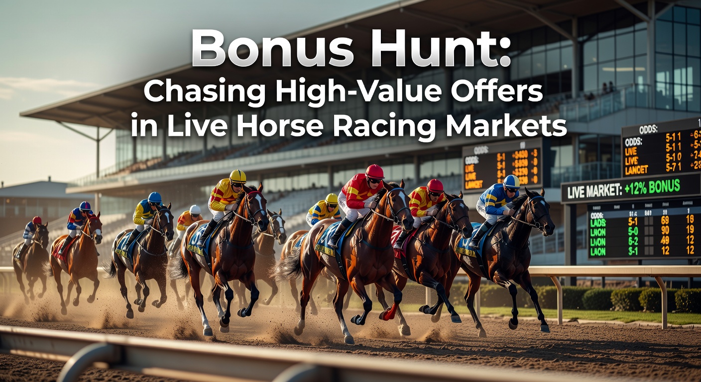 Dynamic live horse race with digital overlays showing flashing bonus promotions and shifting odds on screens