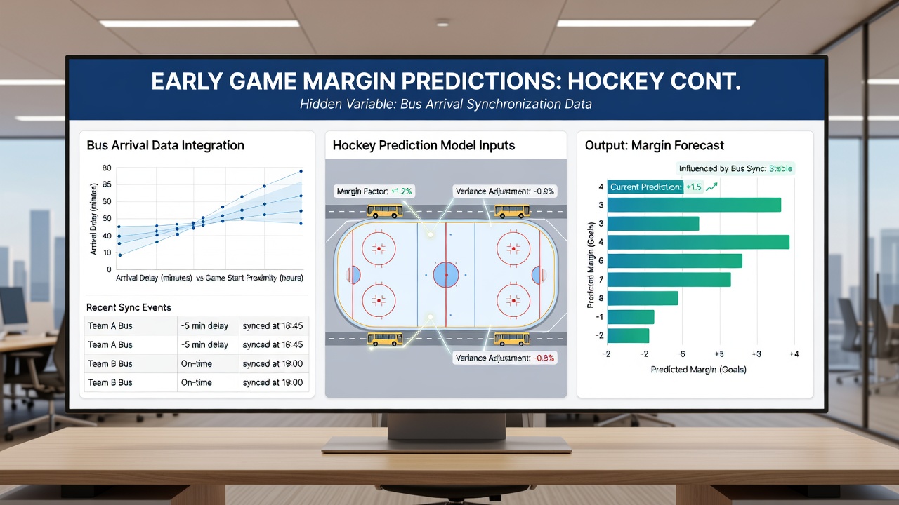 Data visualization showing bus arrival timestamps correlated with first-period hockey margin outcomes