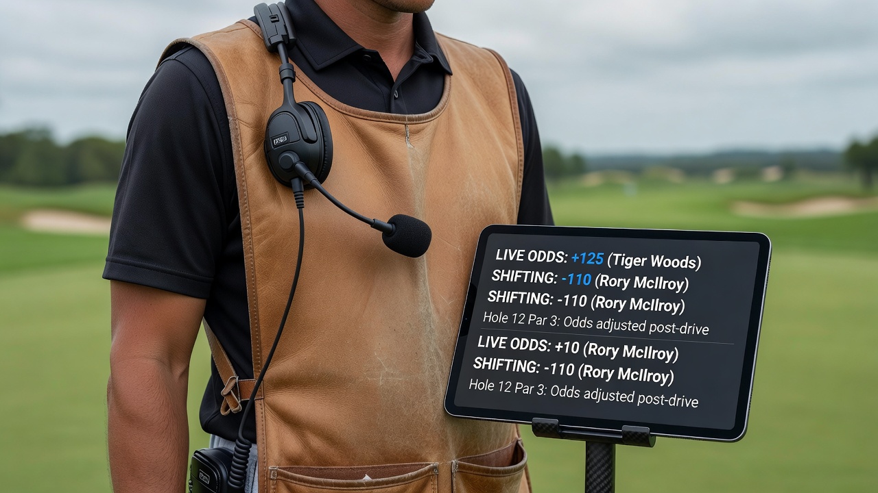 Caddie wearing a microphone during a PGA Tour event with broadcast equipment visible in the background