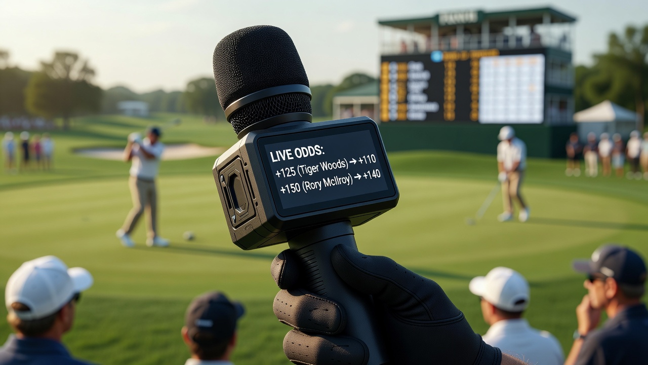 Broadcast technician monitoring caddie audio feeds while live odds update on multiple screens during a PGA event