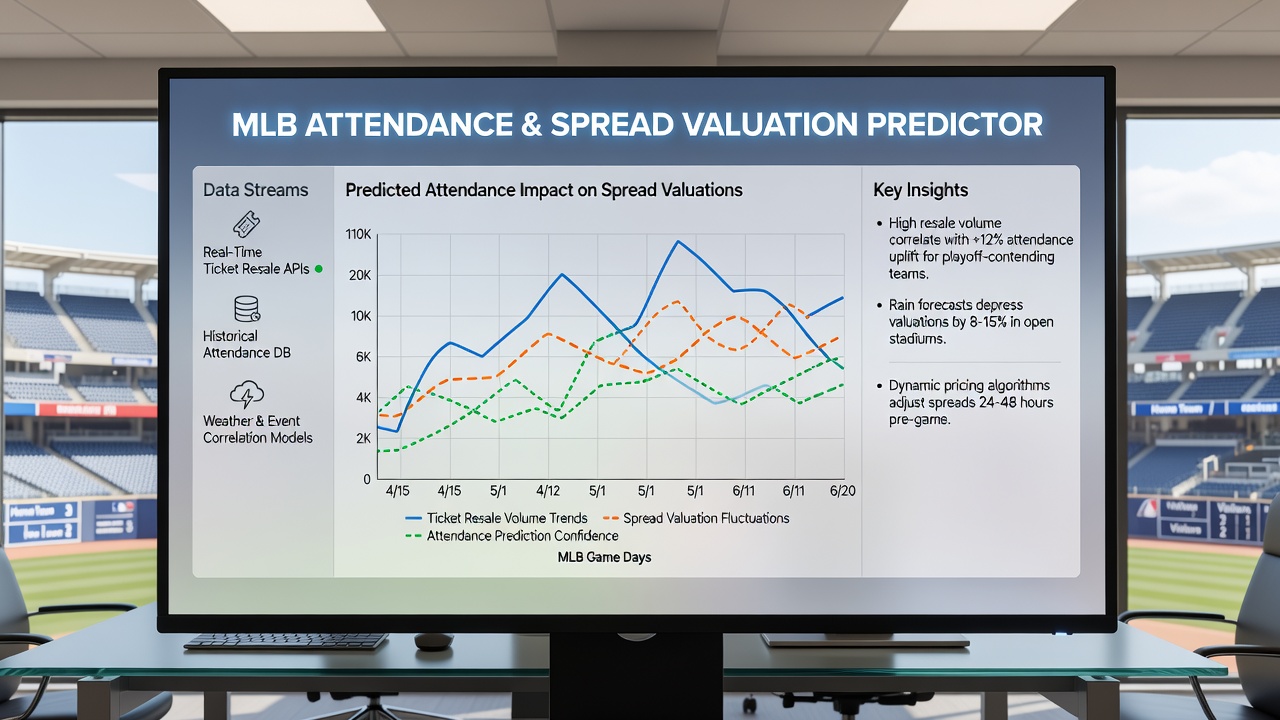 Analyst reviewing MLB attendance charts overlaid with secondary market pricing trends for afternoon games