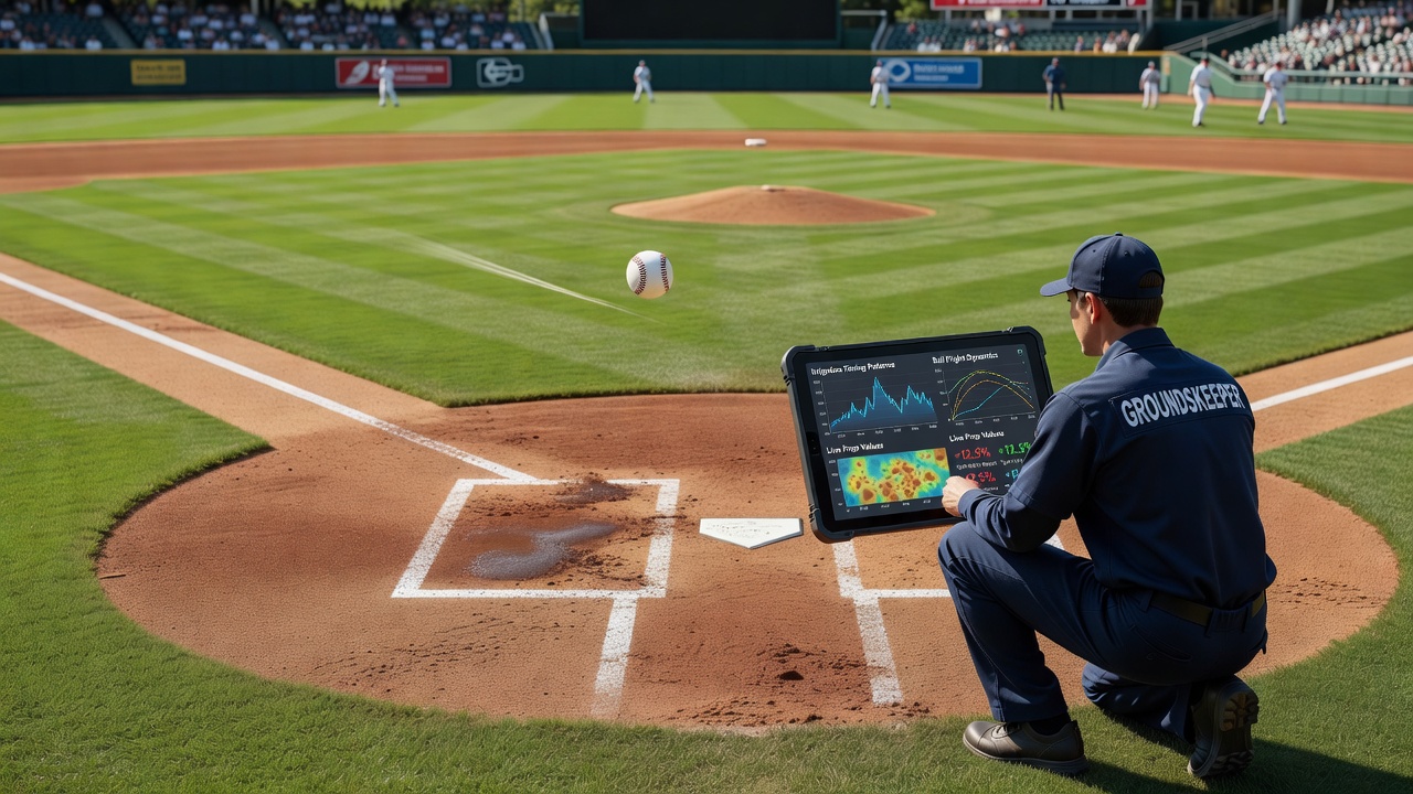Groundskeeper adjusting irrigation systems on a baseball field during morning hours before a day game