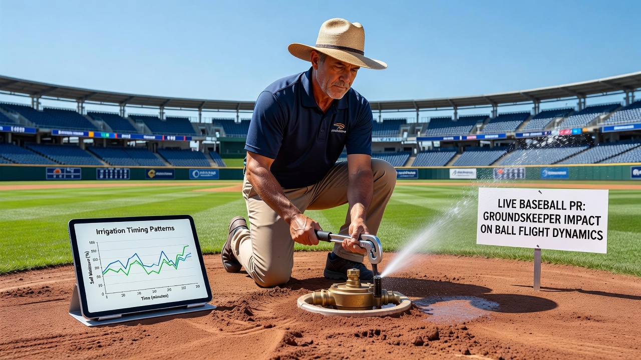 Close-up of baseball field grass showing moisture patterns after irrigation