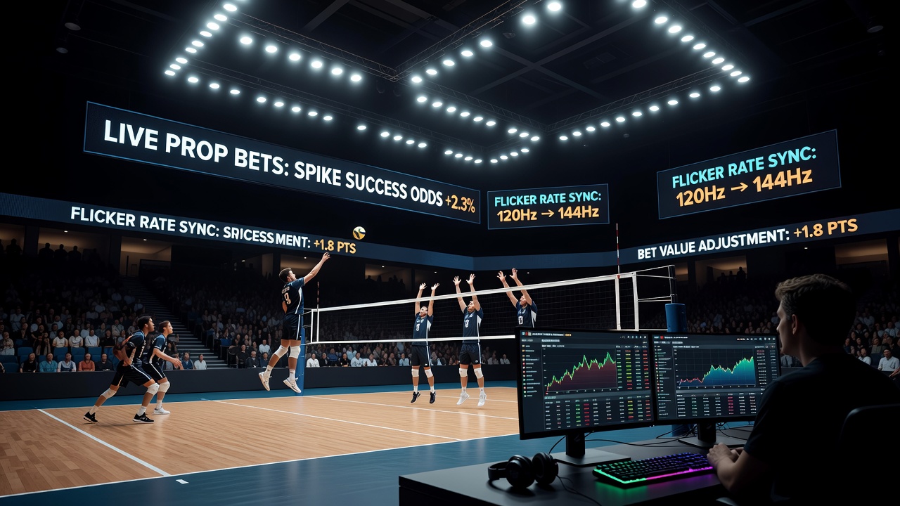 Close-up view of LED arena fixtures and monitoring equipment used during evening volleyball events