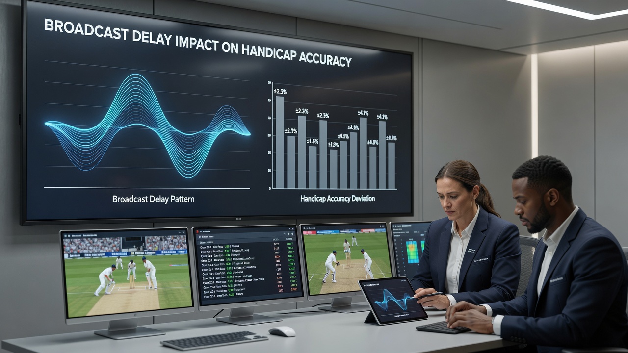 Chart comparing broadcast delay durations against handicap adjustment frequency in Test cricket sessions