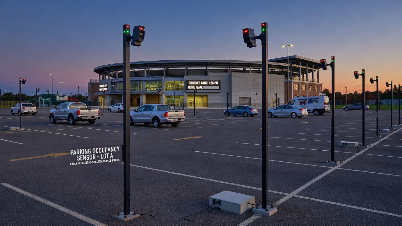 Infrared traffic counters installed above stadium parking lanes during a minor league doubleheader