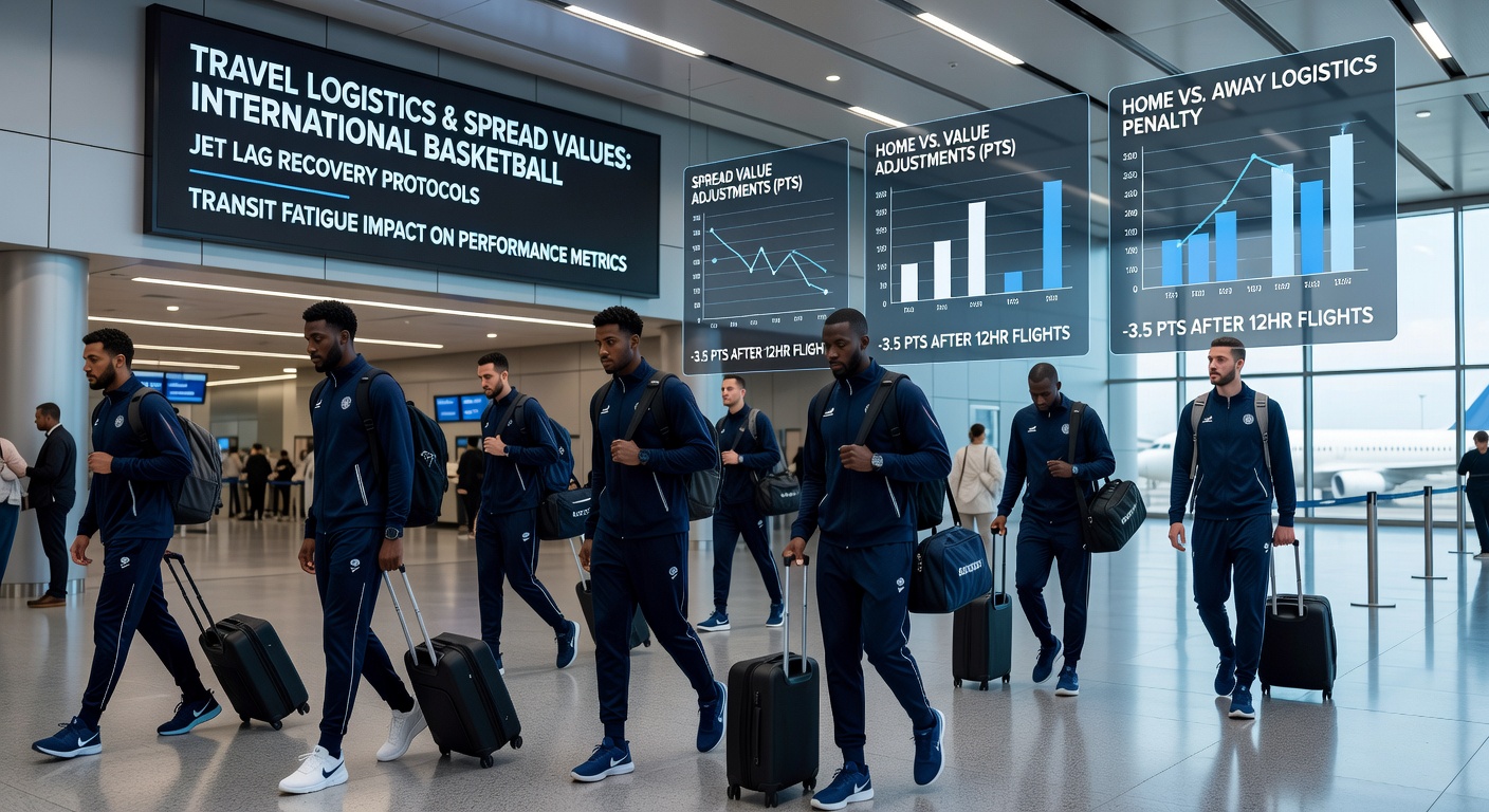 International basketball team boarding a long-haul flight with equipment cases and staff preparing for a multi-time-zone journey