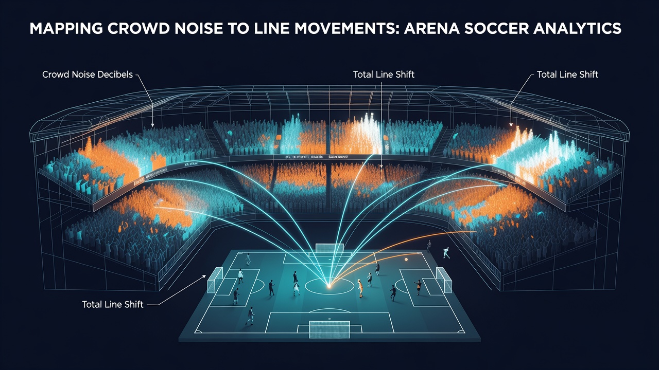 Acoustic sensors positioned around an enclosed soccer arena capturing crowd noise levels during a high-stakes indoor match