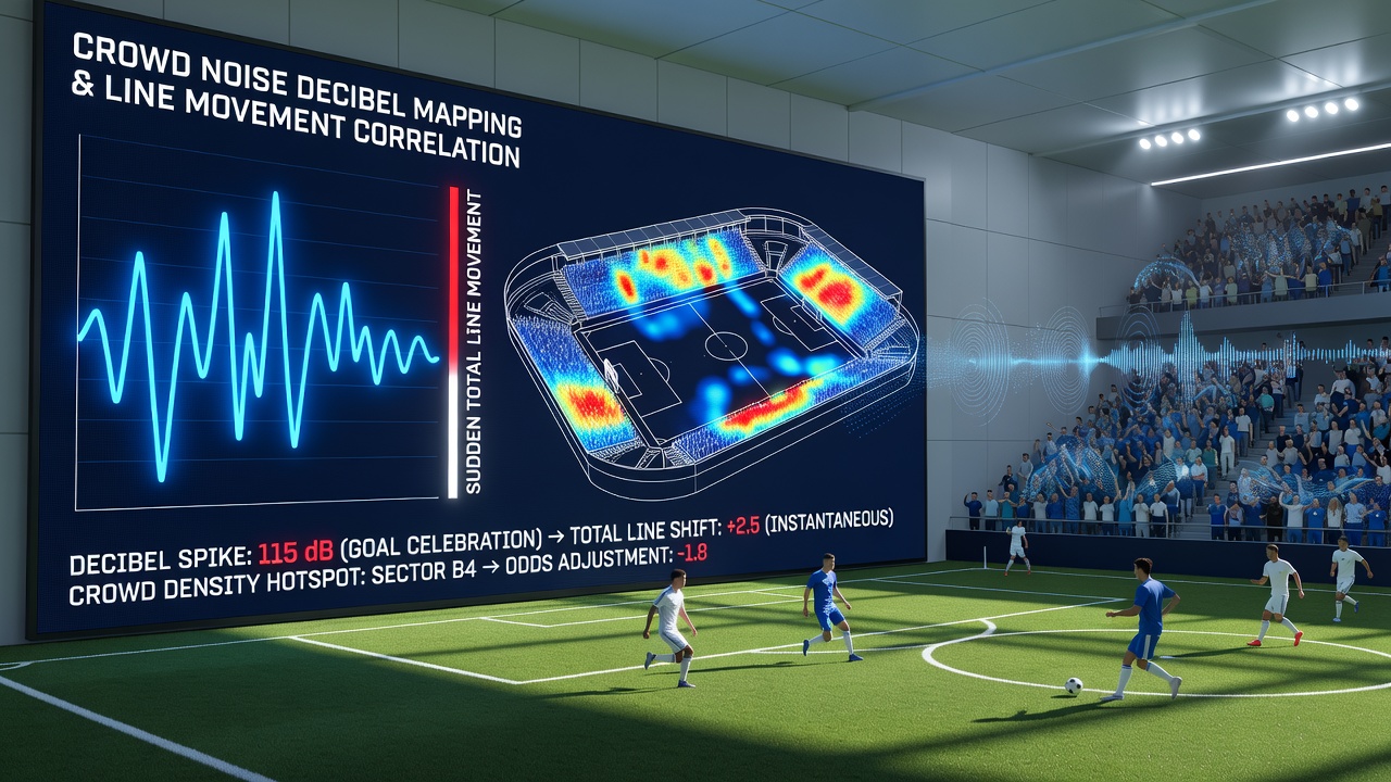 Graph overlay showing decibel spikes aligned with total line adjustments during an enclosed arena soccer contest