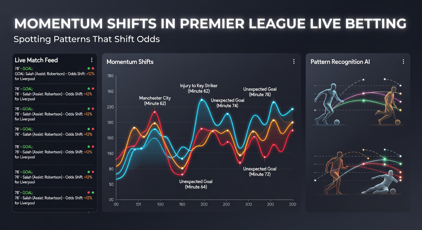 Dynamic graph illustrating rapid odds fluctuations during a Premier League match as momentum swings from one team to the other, with lines spiking after key events like goals or red cards