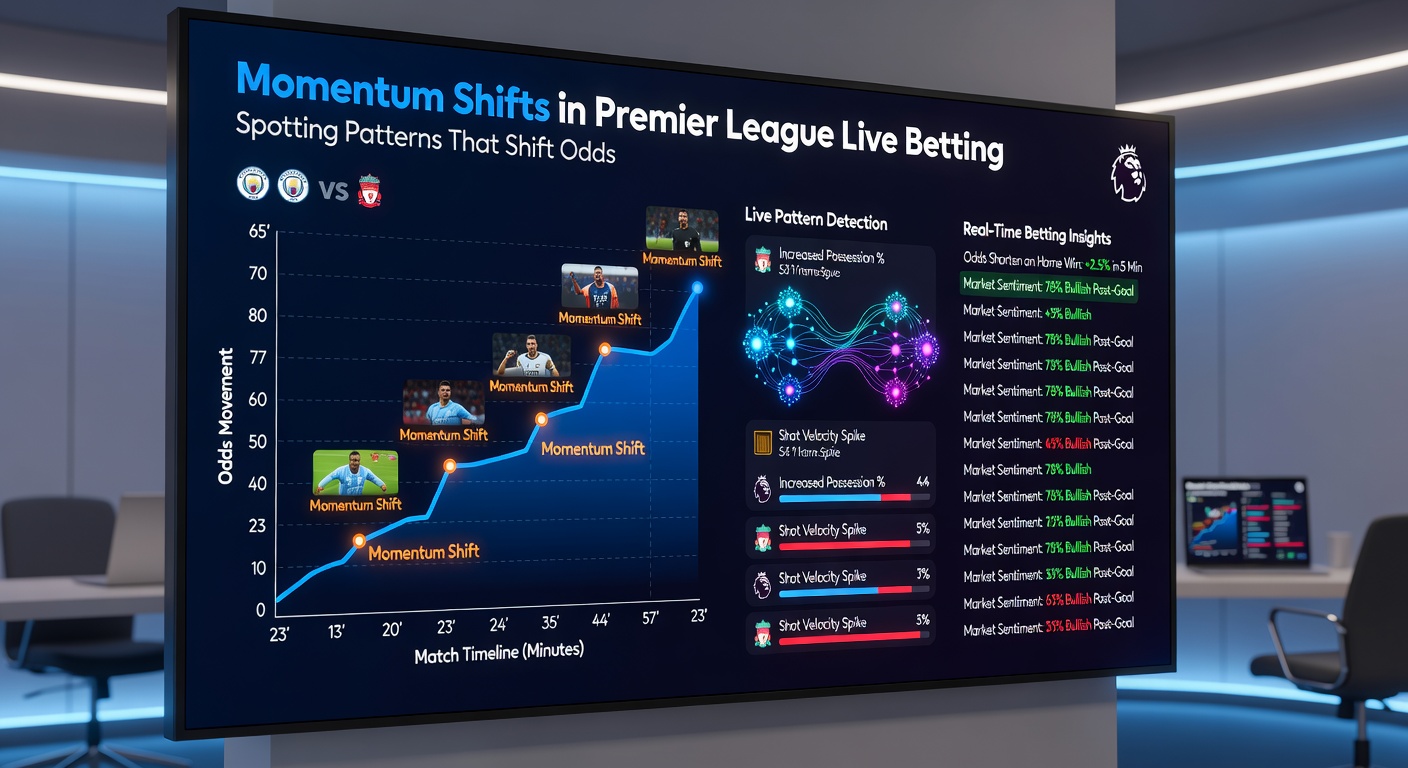 Close-up action shot of a Premier League player celebrating a momentum-turning goal, with scoreboard showing live odds shifting dramatically in the background overlay