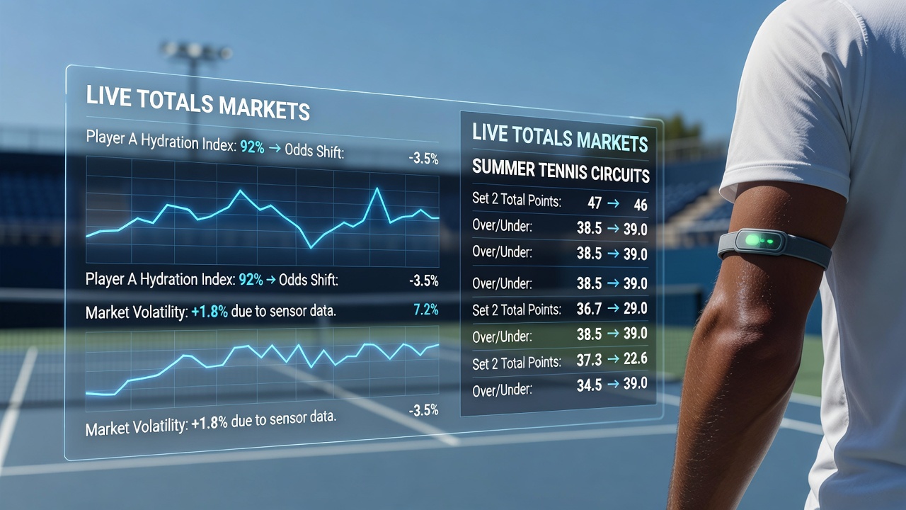 Tennis player wearing hydration monitoring sensor during a summer match on grass court