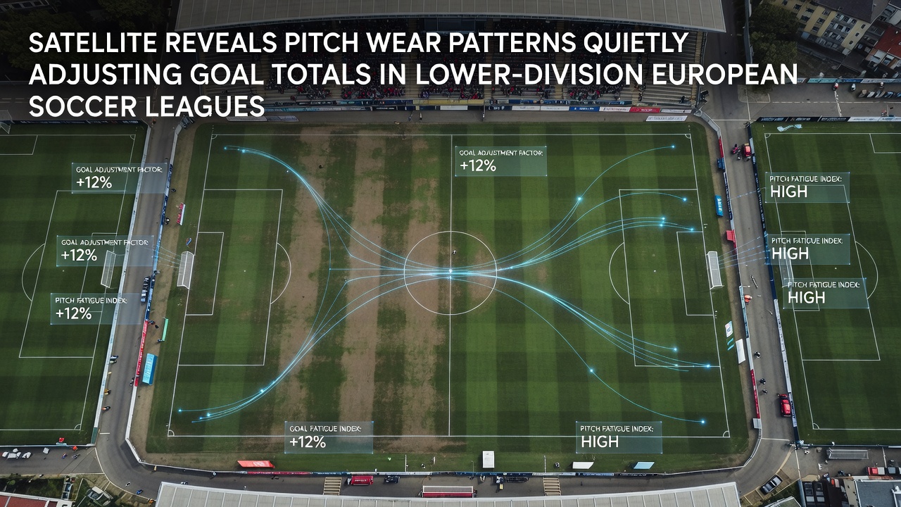 Satellite view of worn soccer pitches in European lower leagues showing uneven grass patterns and bare spots affecting play