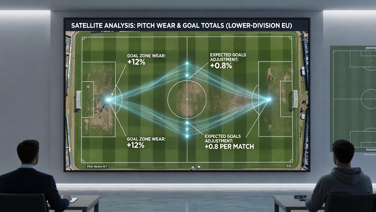 Close-up satellite imagery highlighting pitch wear zones and their correlation with reduced goal scoring in lower-tier matches