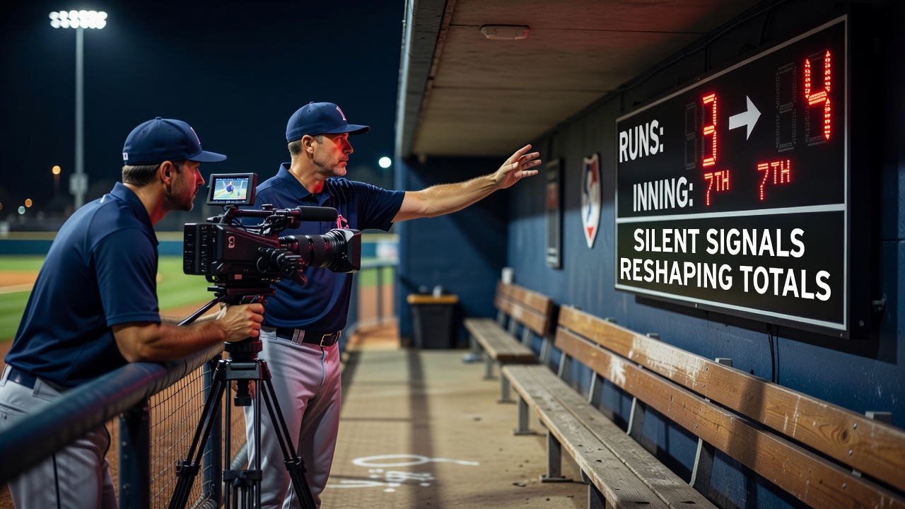 Dugout camera setup capturing signals during a minor league night game