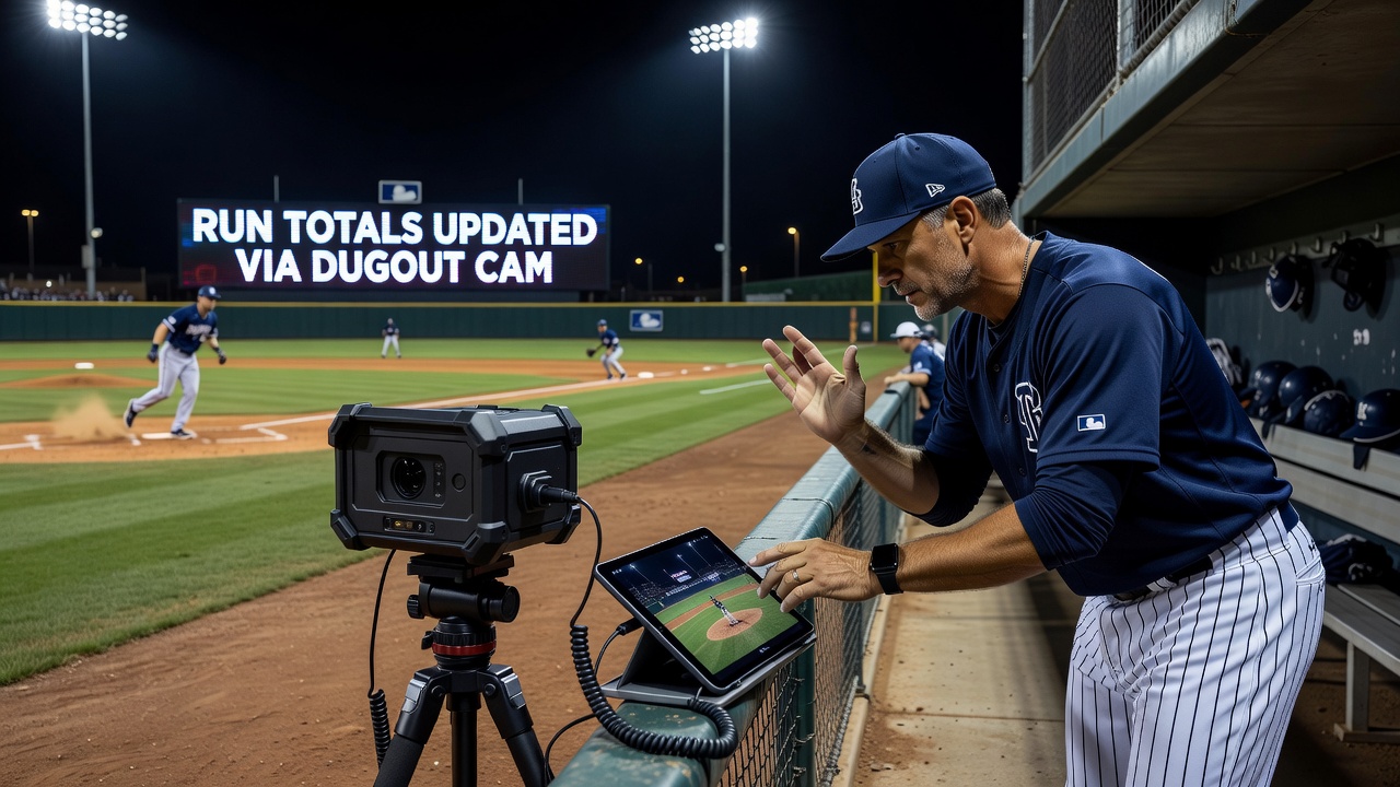 Coaches reviewing dugout camera footage between innings in a minor league ballpark