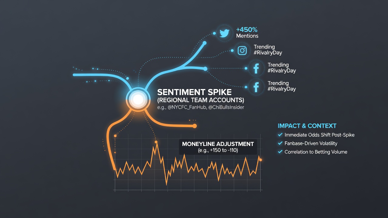 Chart showing sentiment volume spikes aligned with moneyline movements across multiple minor league doubleheaders