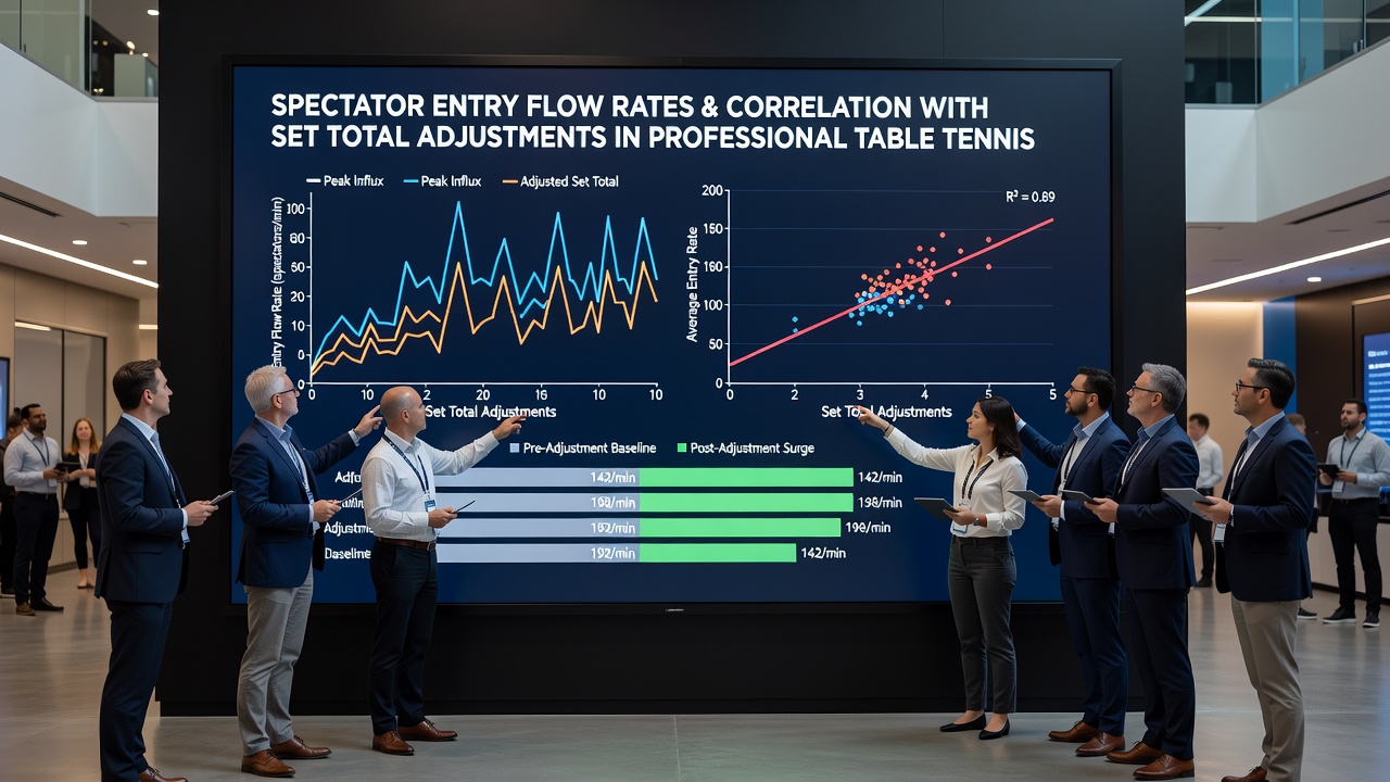 Table tennis match in progress with visible spectator sections and entry pathways