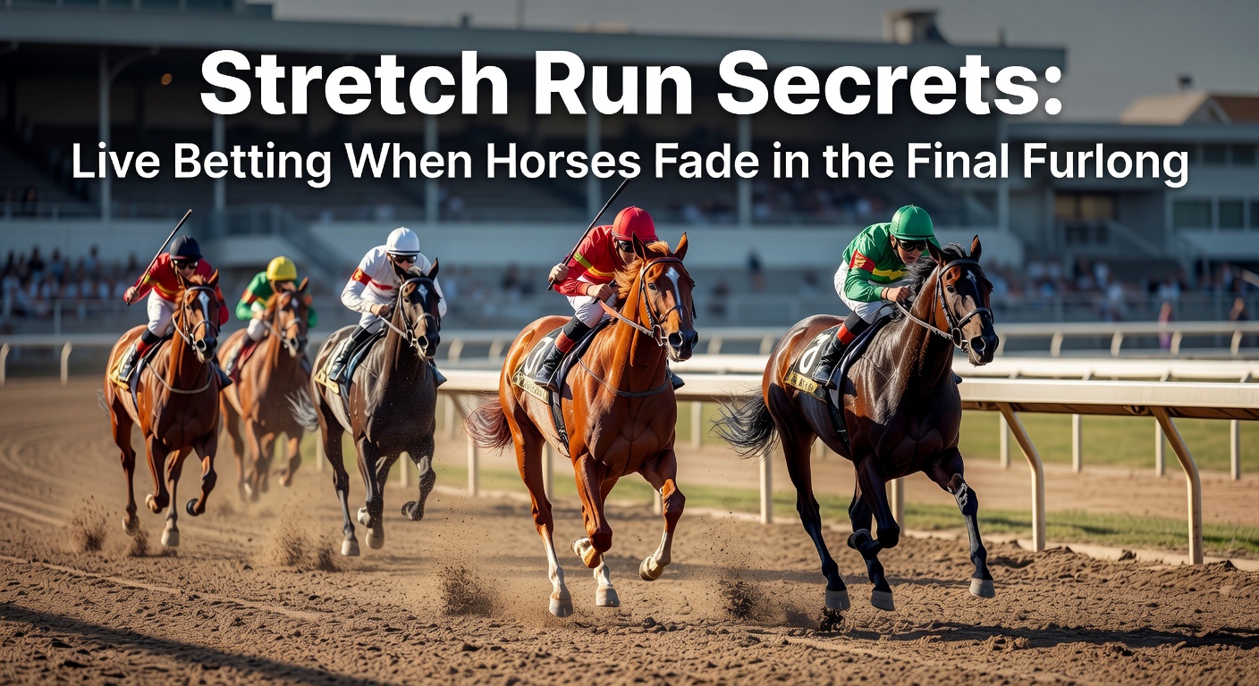 A horse tiring in the final stretch of a dirt track race, with jockey urging it on amid competitors closing in