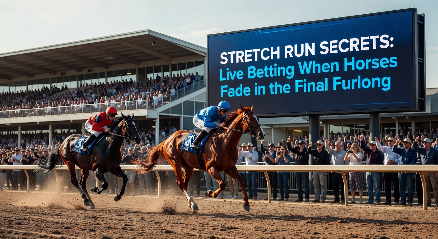Close-up of jockeys battling in the stretch, one horse veering wide as it tires while others press the advantage