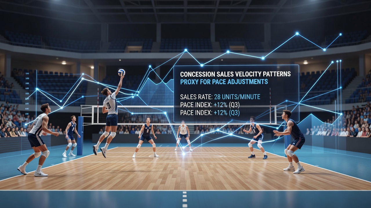 Concession stands in an enclosed volleyball arena showing sales activity during a match