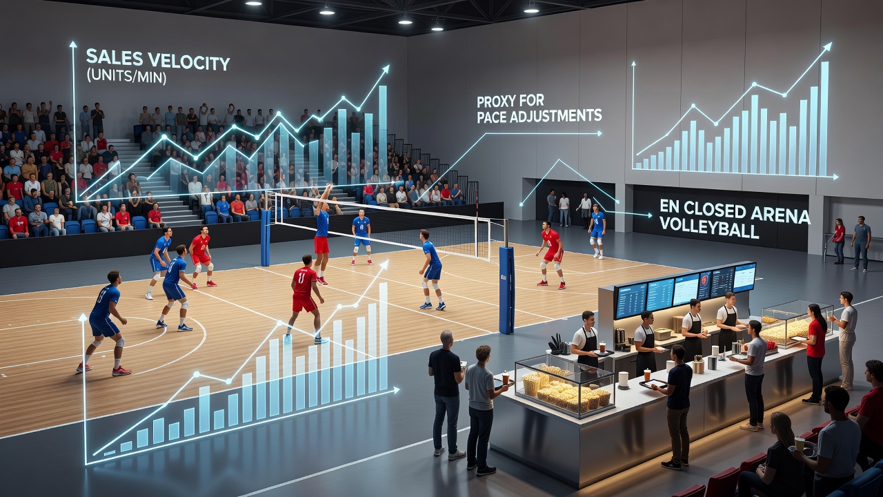 Analytics dashboard displaying concession sales velocity overlaid with volleyball match pace data