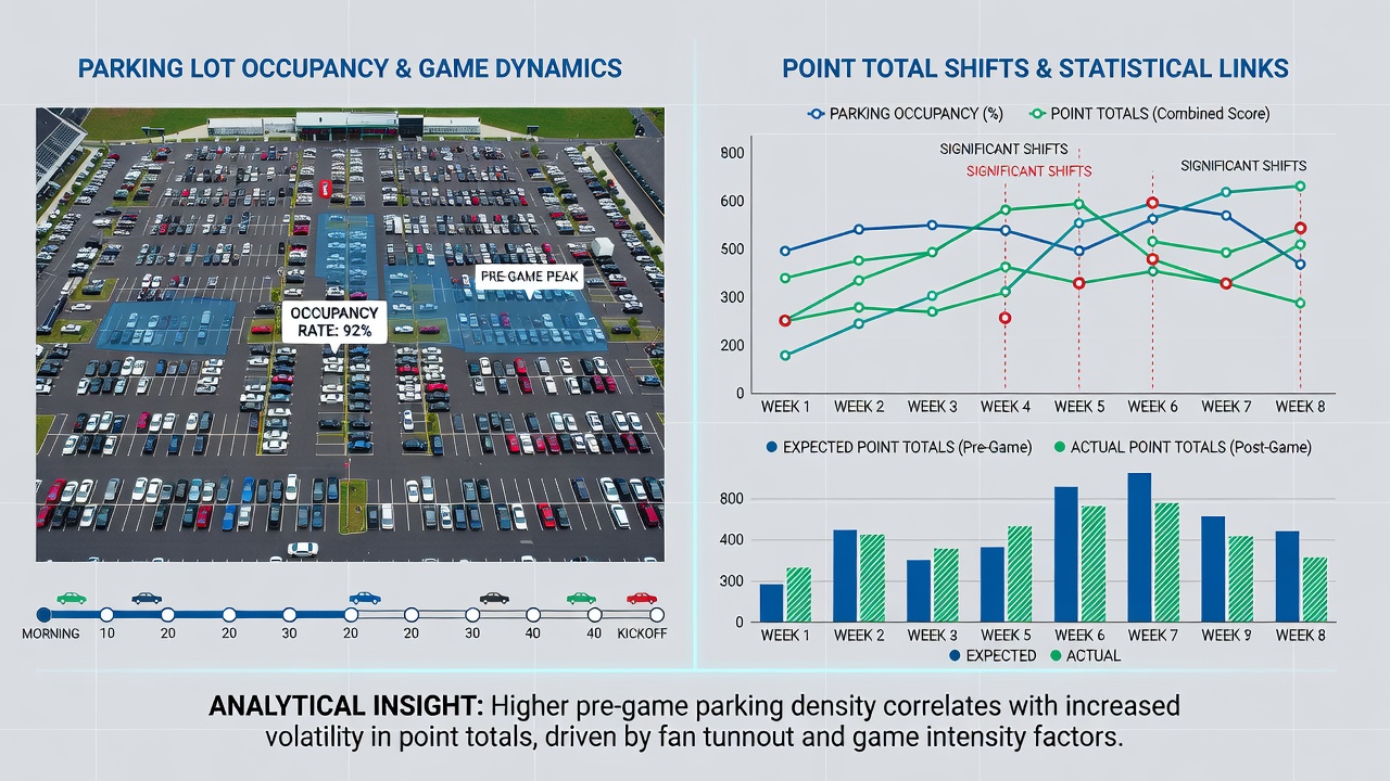 Close-up of parking sensors and digital displays tracking occupancy rates at a busy college football stadium lot