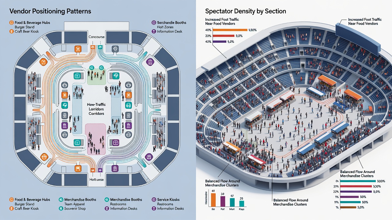 Spectator density maps overlaid with vendor locations inside a professional sports arena