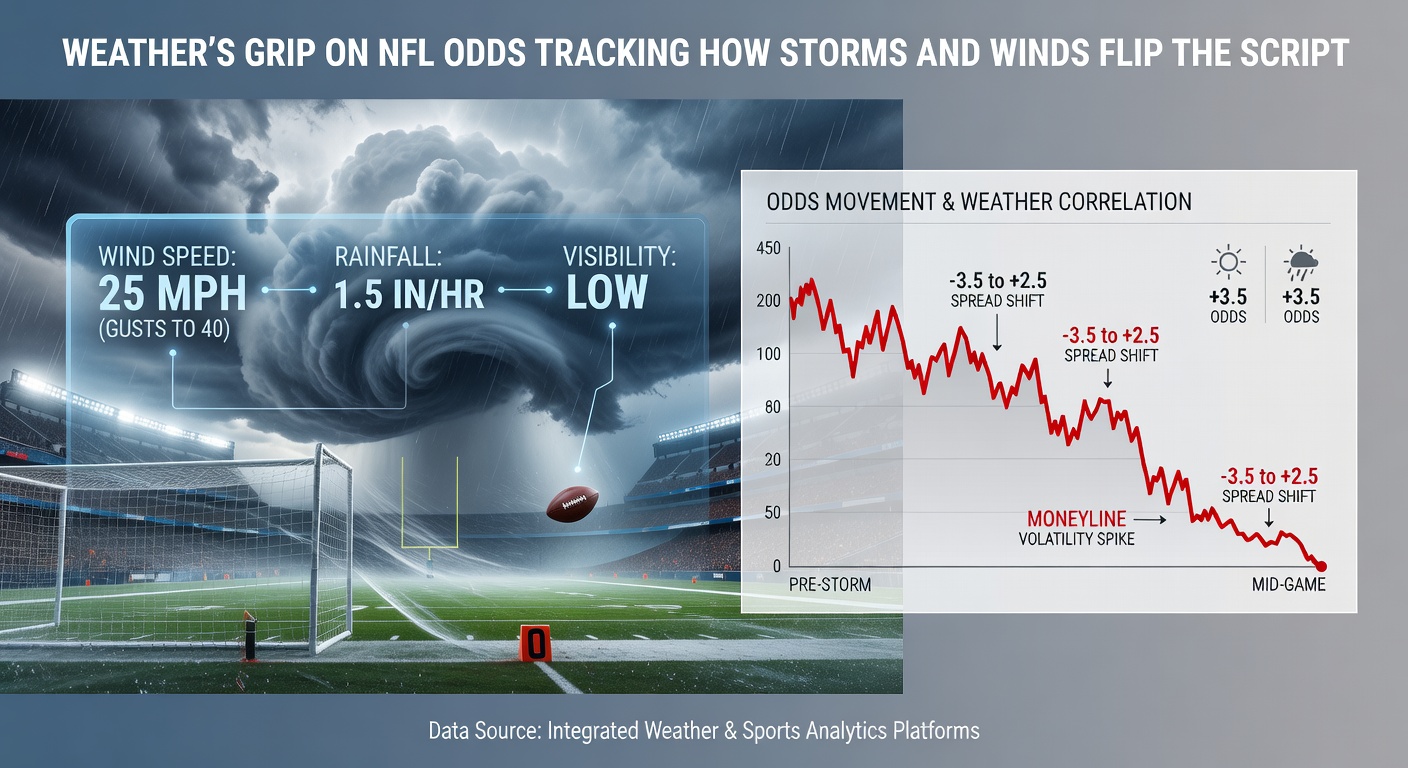 NFL players battling high winds on an open field, with a quarterback's pass veering wildly off course amid swirling gusts and a turbulent sky